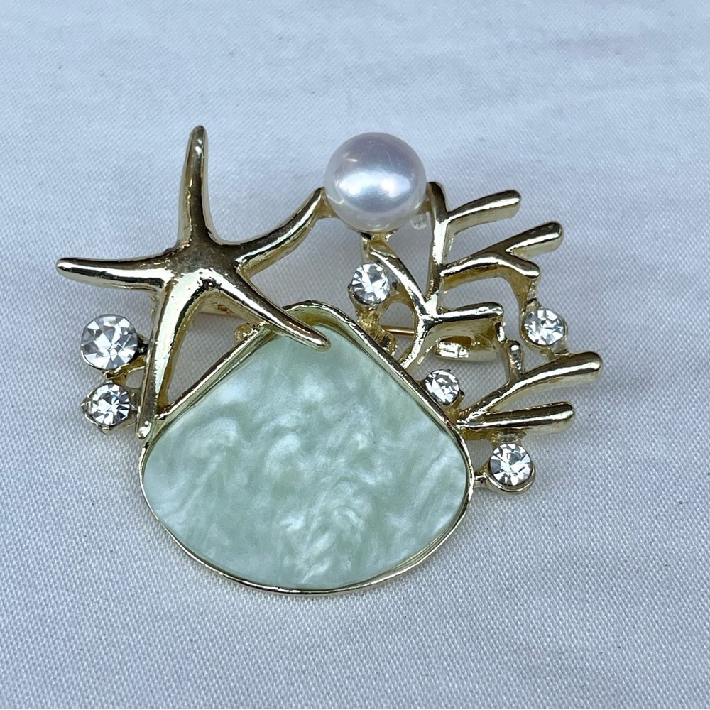 Elegant Gold Starfish‎ Pearl Brooch Coral Shell Crystal Nautical Pin